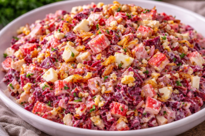 От этого салата ничего не ждешь, а он как бомбанет вкусом: свекла, яйца и крабовые палочки &mdash; неожиданно вкусно